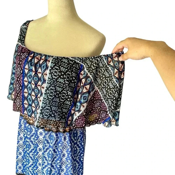 Chico’s Peasant Maxi Dress Blue Mixed Print Women Size 1 (M) - Picture 6 of 10